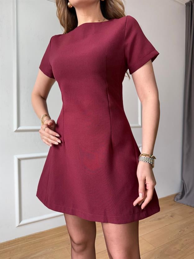 Bordo Belden Oturtmalı Mini Elbise