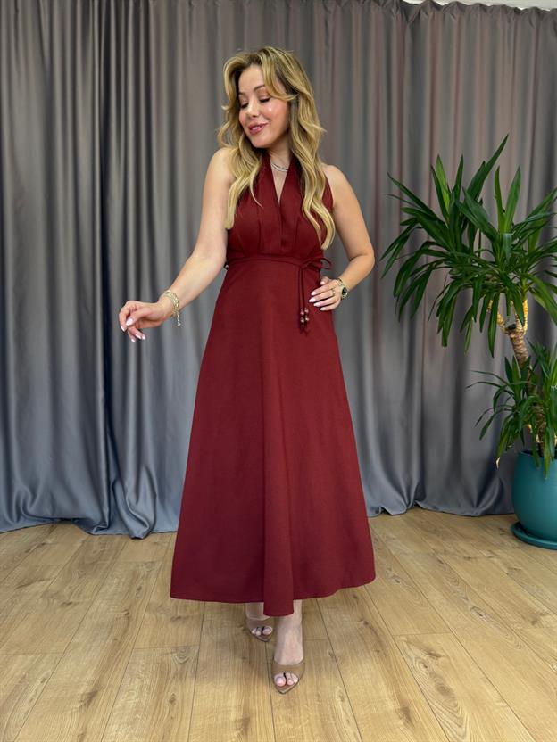 Bordo Boyun Askılı Keten Elbise