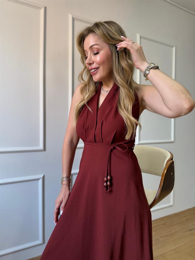 Bordo Boyun Askılı Keten Elbise
