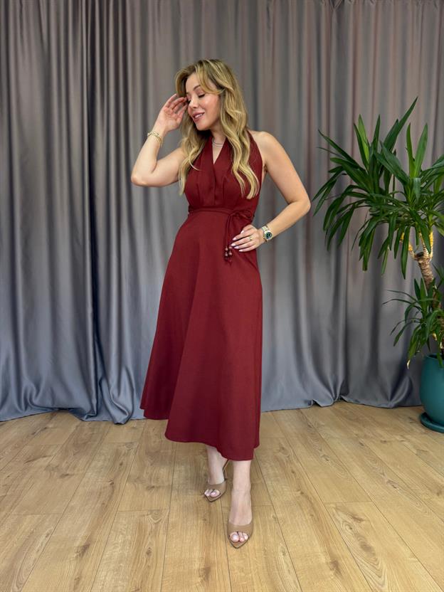 Bordo Boyun Askılı Keten Elbise