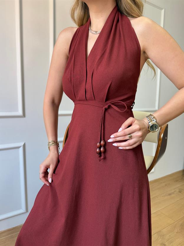 Bordo Boyun Askılı Keten Elbise