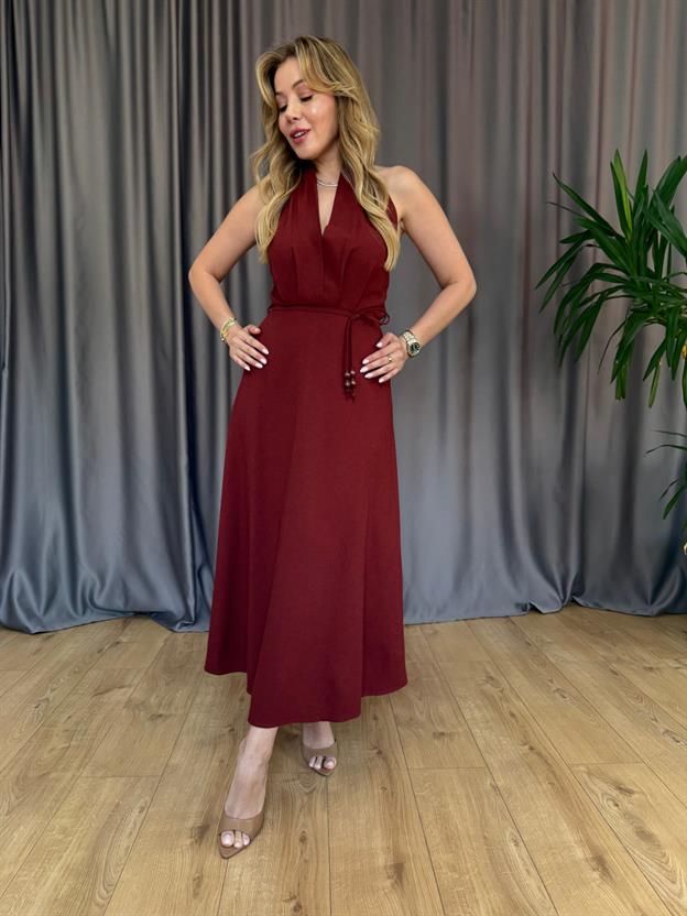 Bordo Boyun Askılı Keten Elbise