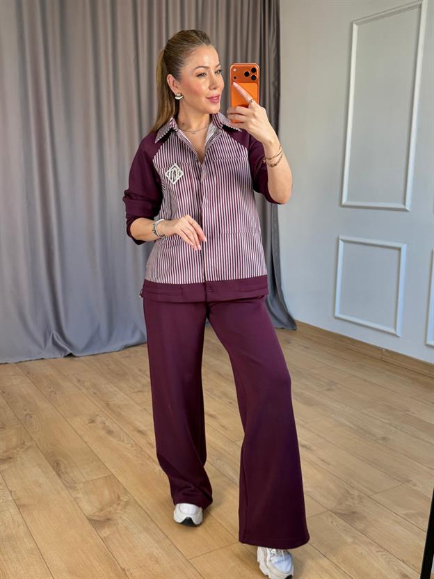 Bordo Broşlu Çizgili Takım