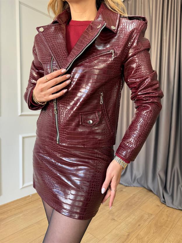 Bordo Desenli Deri Ceket