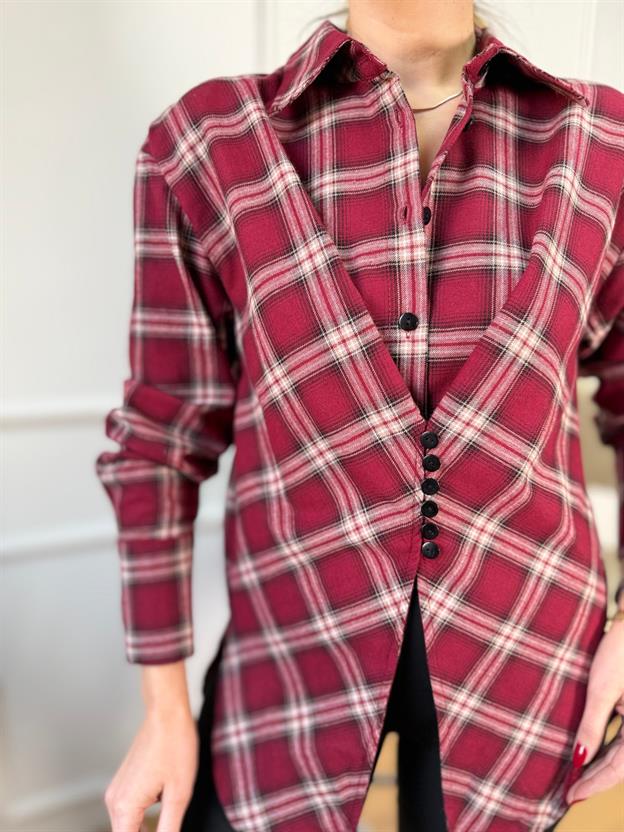 Bordo Düğme Detaylı Ekose Gömlek