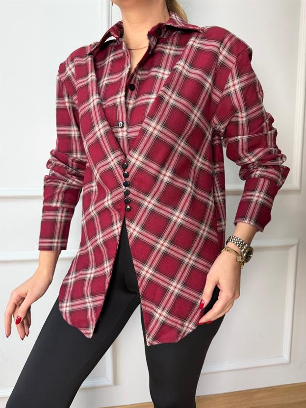 Bordo Düğme Detaylı Ekose Gömlek