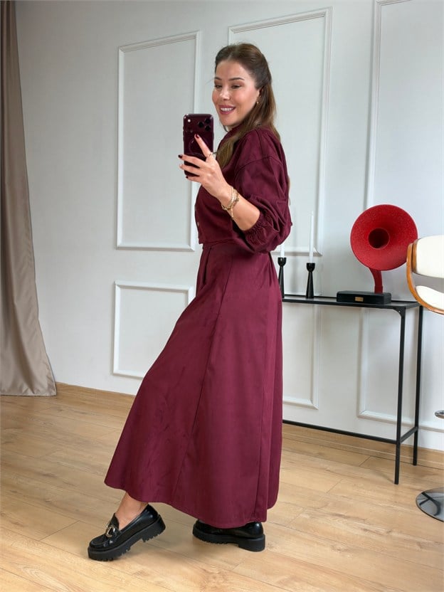 Bordo Geniş Paçalı Pantolon