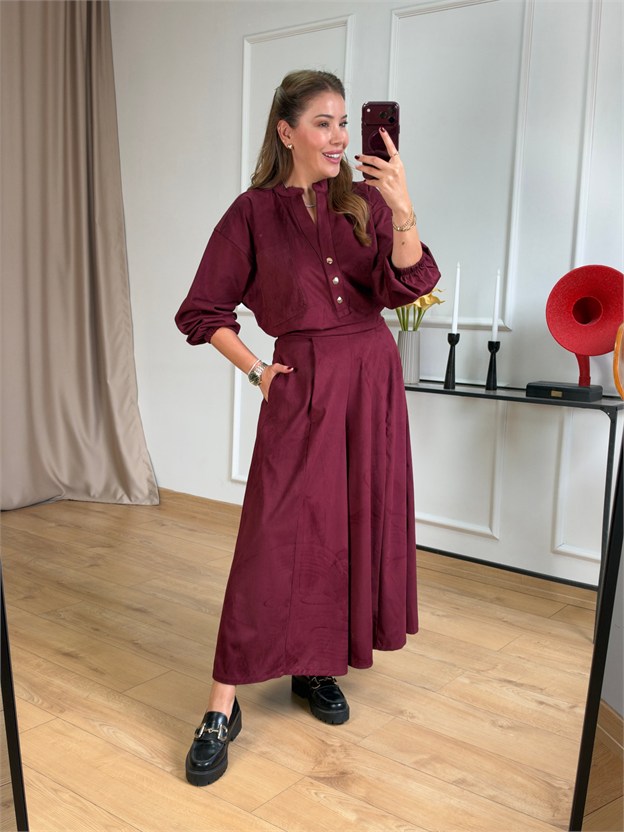 Bordo Geniş Paçalı Pantolon