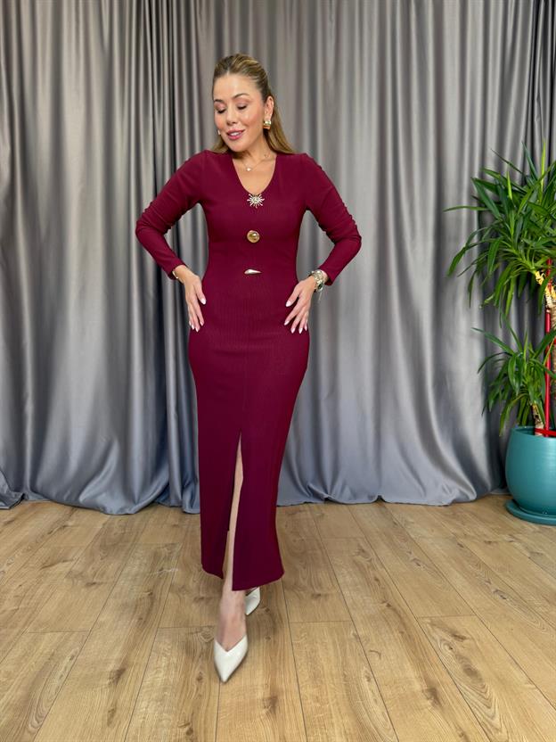 Bordo Gold Aksesuarlı Uzun Kol Elbise