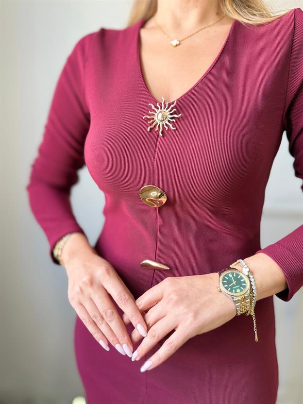 Bordo Gold Aksesuarlı Uzun Kol Elbise