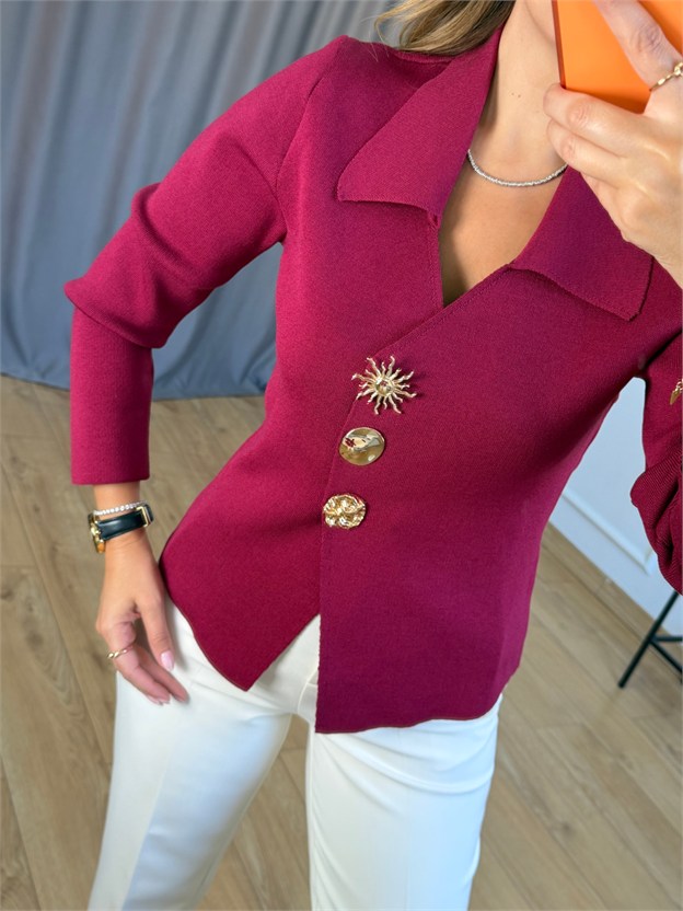 Bordo Gold Düğmeli Çelik Hırka