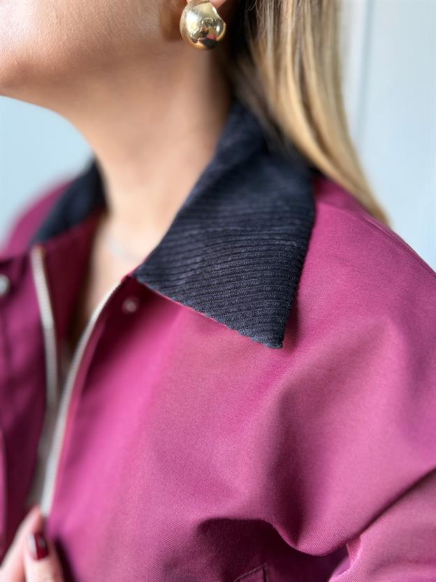 Bordo Kadife Yaka Kısa Ceket