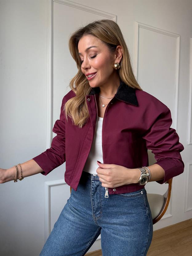 Bordo Kadife Yaka Kısa Ceket