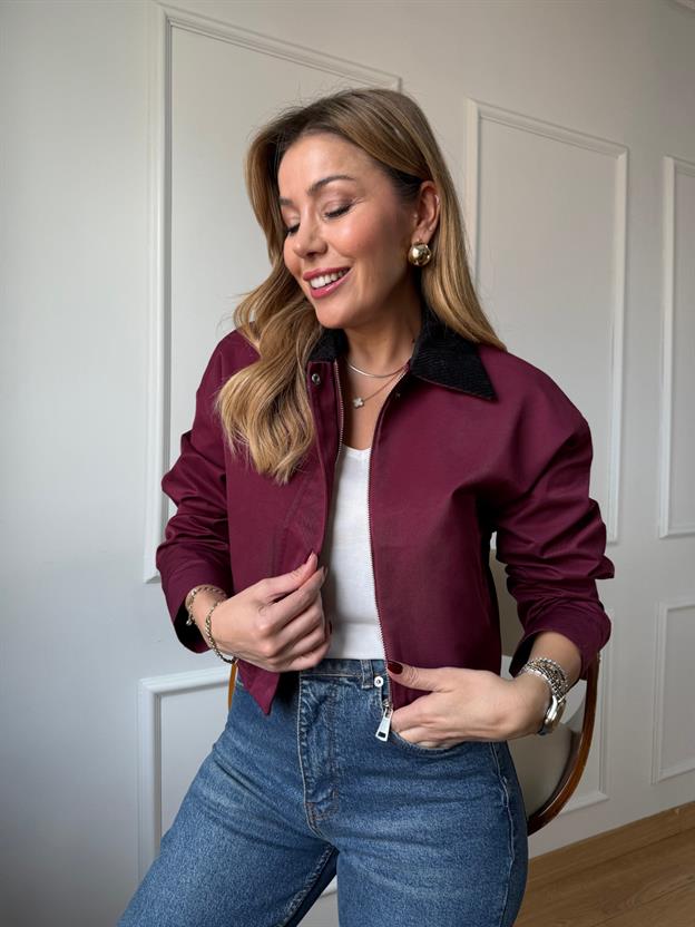 Bordo Kadife Yaka Kısa Ceket