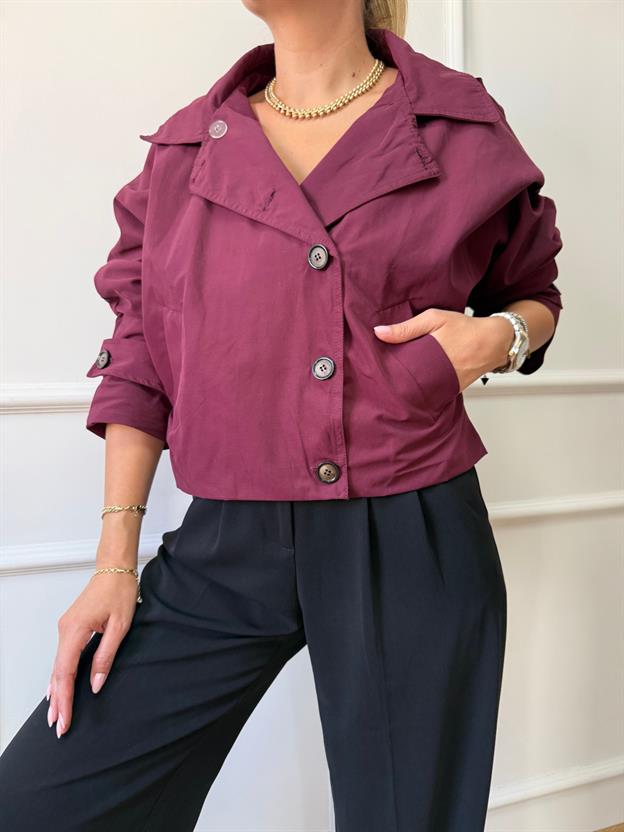 Bordo Kapüşonlu Trençkot