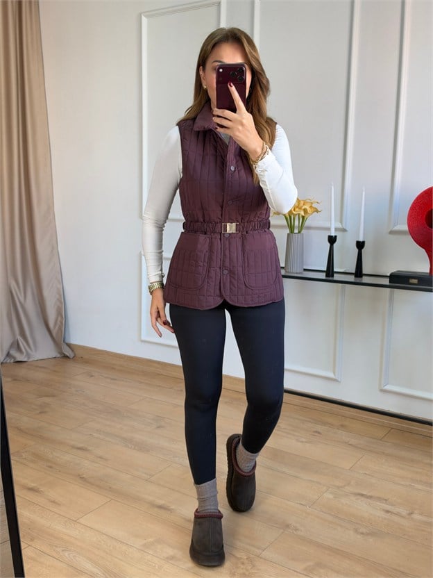 Bordo Kemerli Kapitone Yelek
