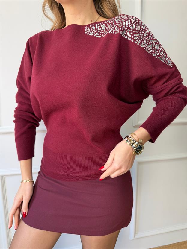 Bordo Omuz Taşlı Triko