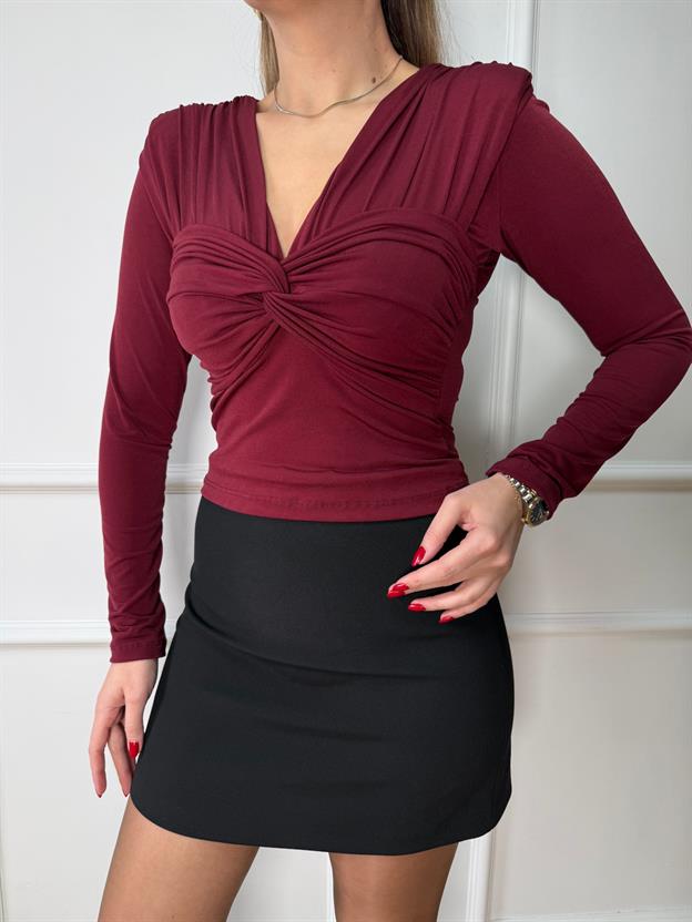 Bordo Önü Büzgülü Bluz