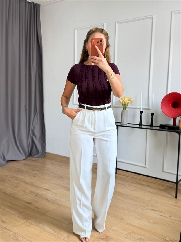 Bordo Önü Fırfır Detaylı Bluz