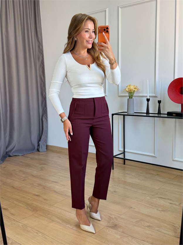 Bordo Önü Flotalı Pantolon