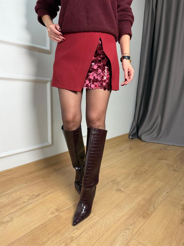 Bordo Payet Detaylı Etek