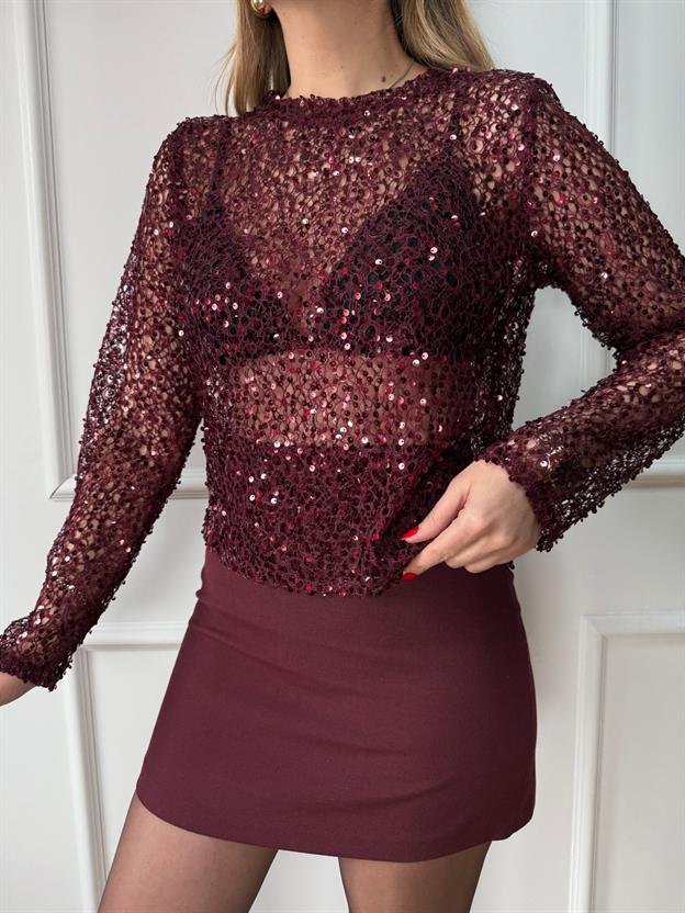 Bordo Payetli File Bluz