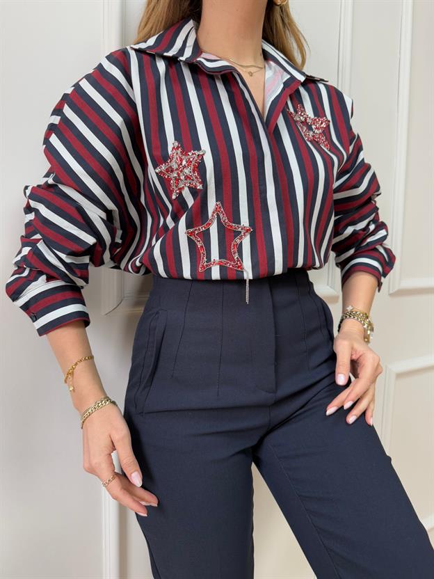 Bordo Yıldız Taş Detaylı Gömlek