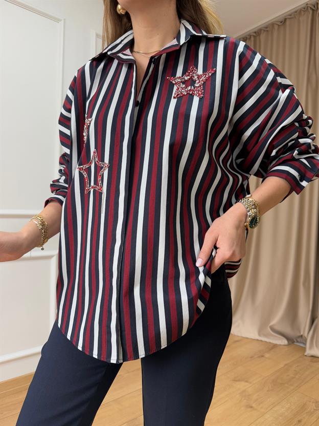 Bordo Yıldız Taş Detaylı Gömlek