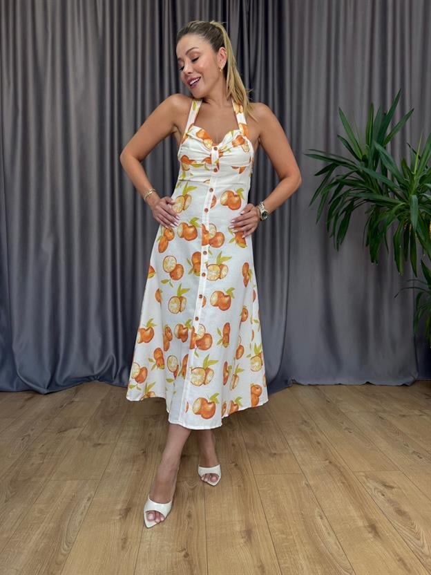 Boyun Bağlamalı Orange Elbise