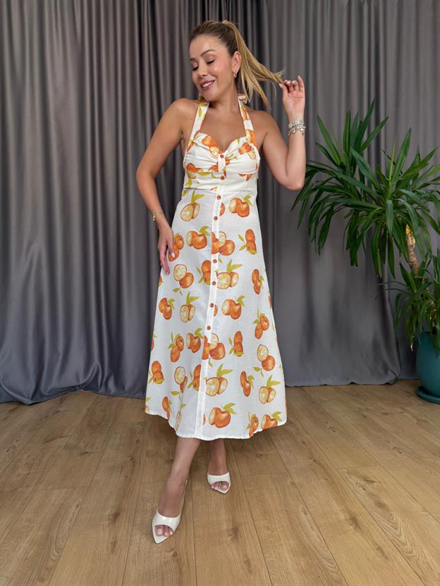 Boyun Bağlamalı Orange Elbise