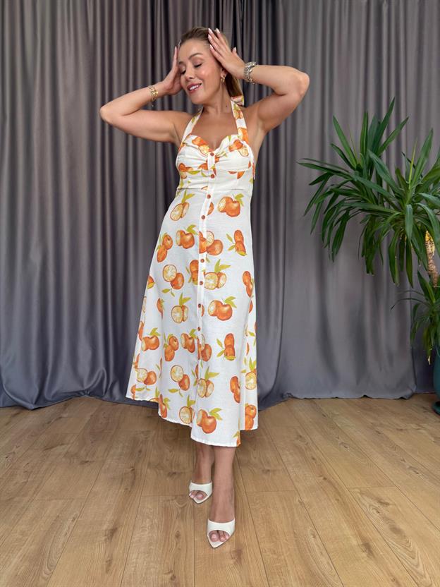 Boyun Bağlamalı Orange Elbise