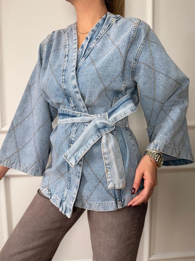 Buz Mavisi Baklava Nakışlı Kuşaklı Ceket