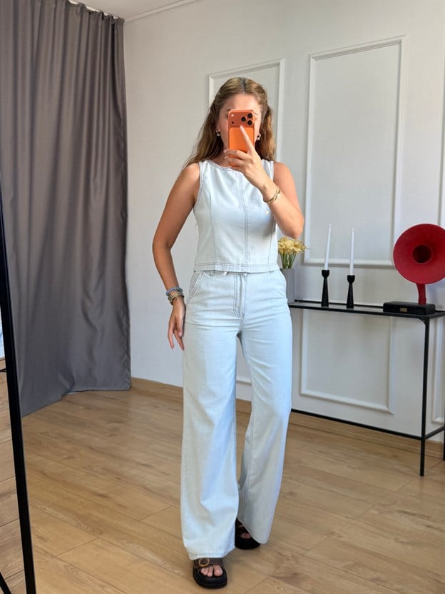 Buz Mavisi Beli Bağlamalı Bluz Pantolon Takım