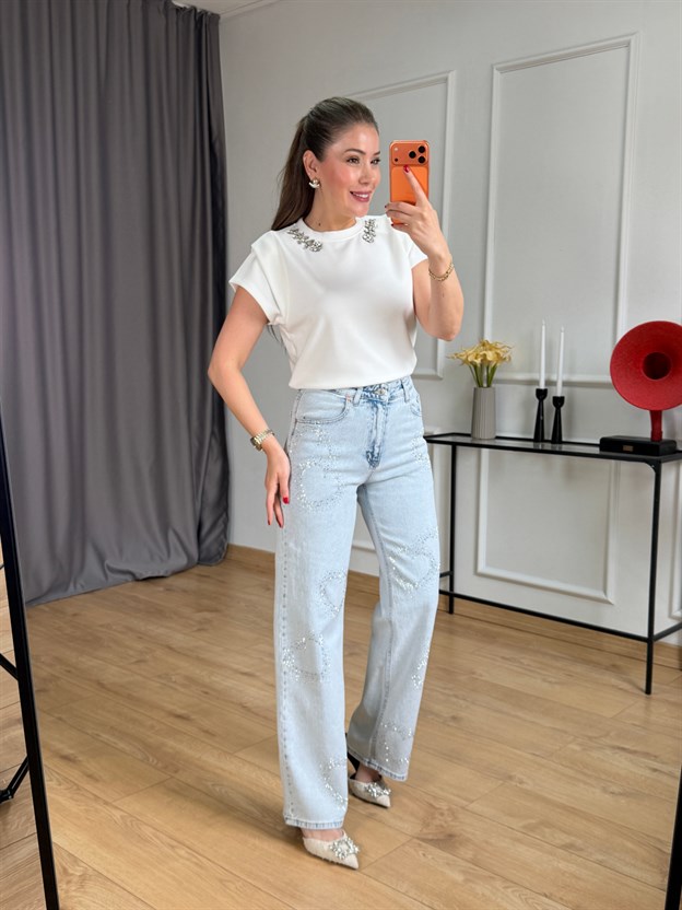 Buz Mavisi Kalp Taşlı Jean