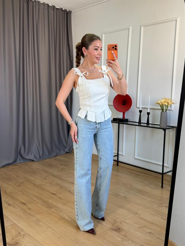 Buz Mavisi Kesik Paça Wide Leg