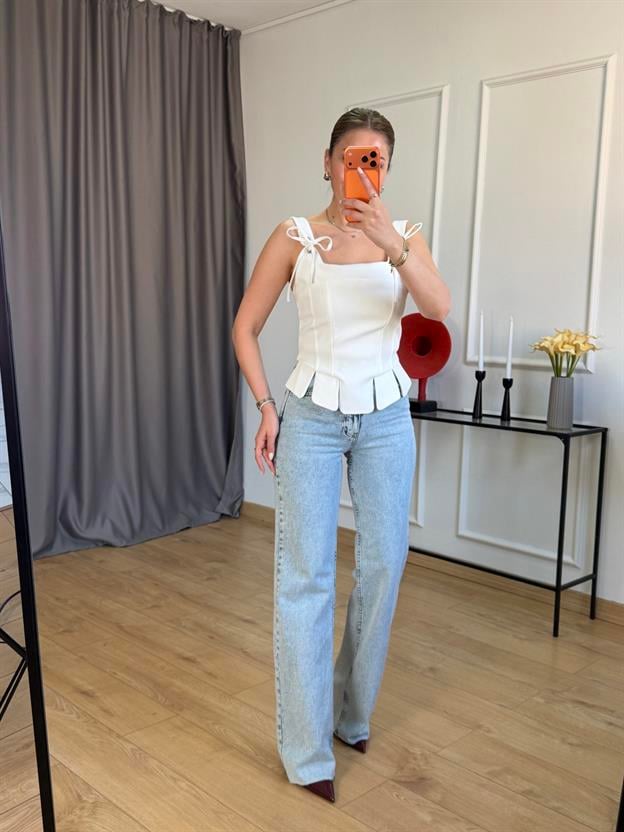 Buz Mavisi Kesik Paça Wide Leg