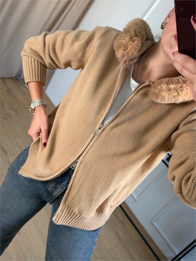 Camel Kapüşonlu Kürk Detay Hırka