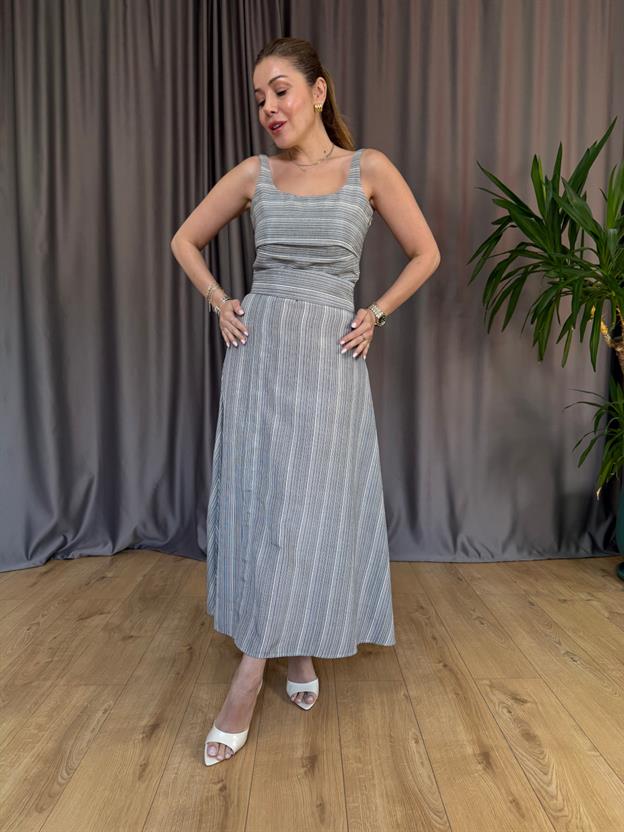 Çizgili Kare Yaka Keten Elbise