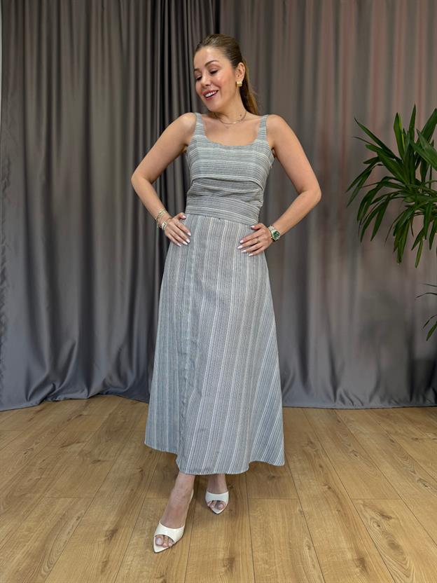 Çizgili Kare Yaka Keten Elbise