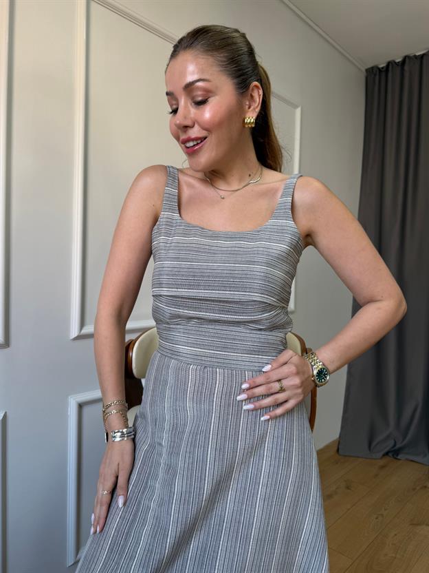 Çizgili Kare Yaka Keten Elbise