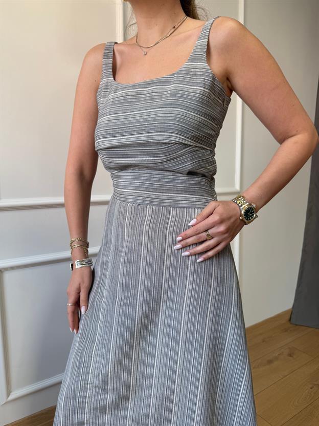 Çizgili Kare Yaka Keten Elbise