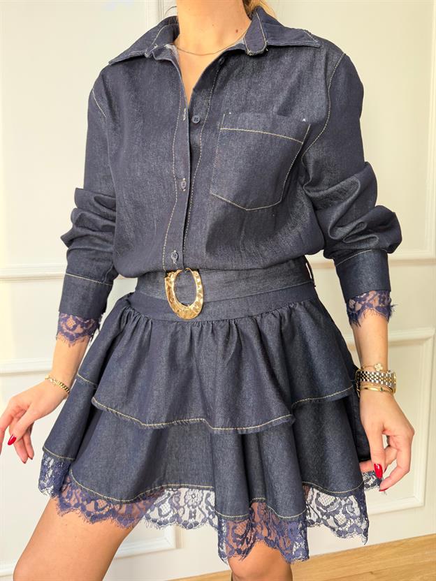 Dantel Detaylı Katkat Jean Elbise