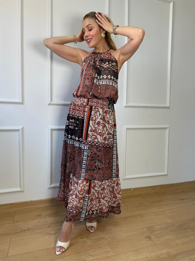 Desenli Metalik Elbise