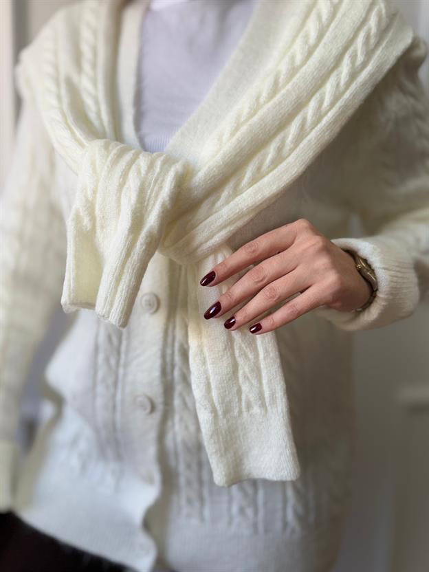 Ekru Atkılı Saç Örgüsü Hırka