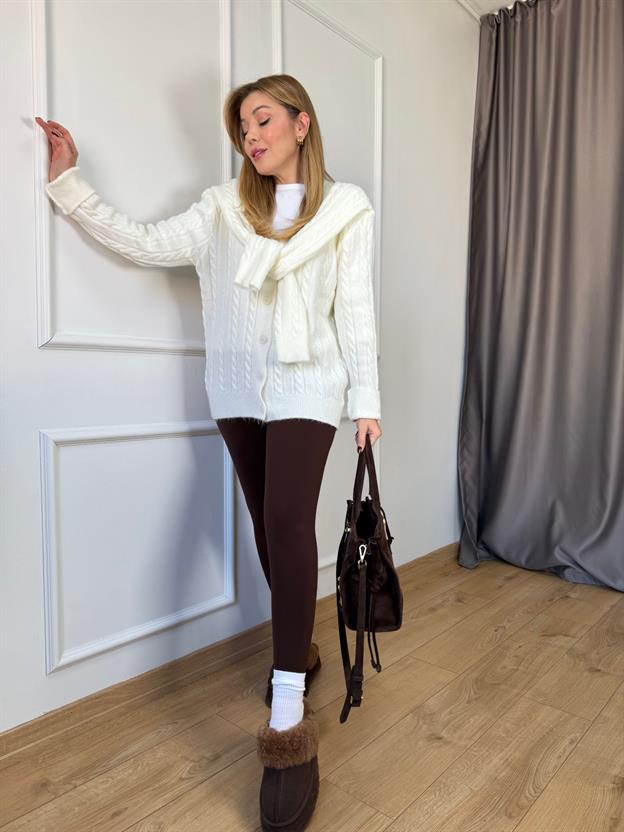 Ekru Atkılı Saç Örgüsü Hırka