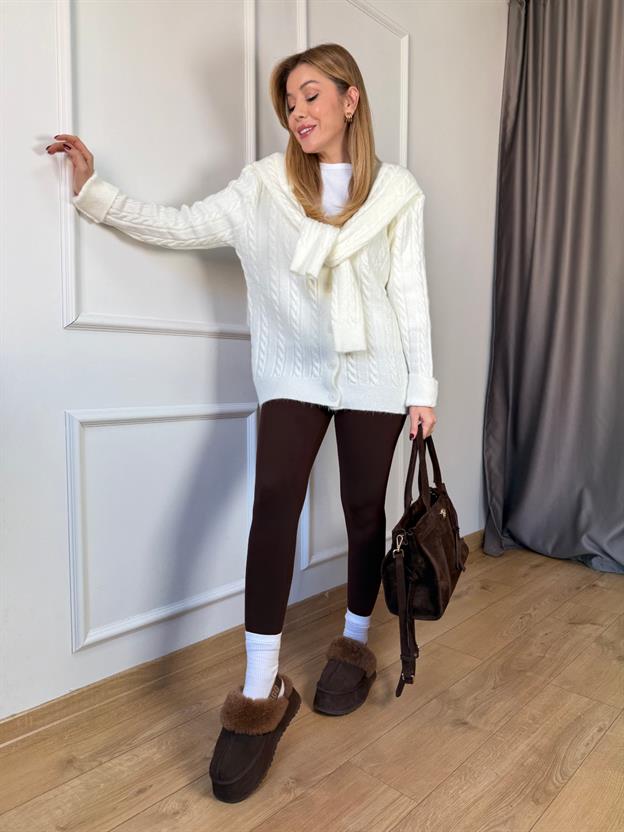 Ekru Atkılı Saç Örgüsü Hırka