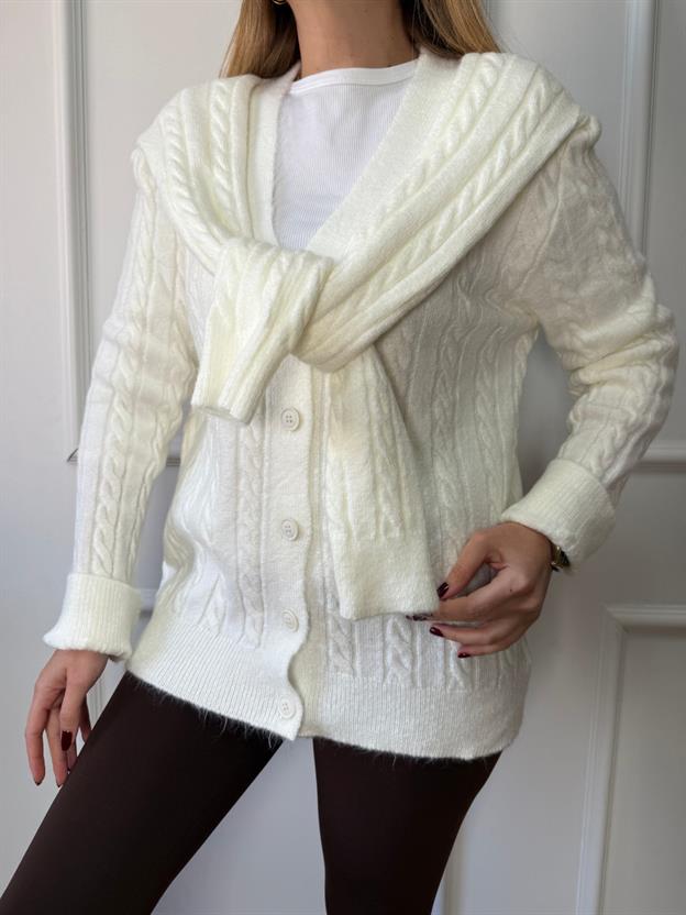 Ekru Atkılı Saç Örgüsü Hırka