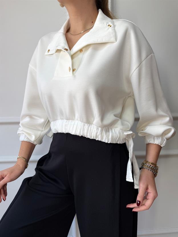 Ekru Bel Bağlama Detaylı Sweatshirt