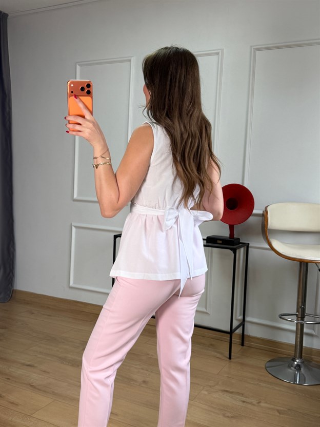 Ekru Beli Kuşaklı Bluz