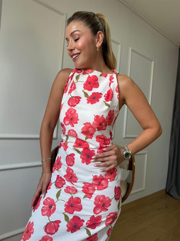 Ekru Çiçek Desenli Elbise